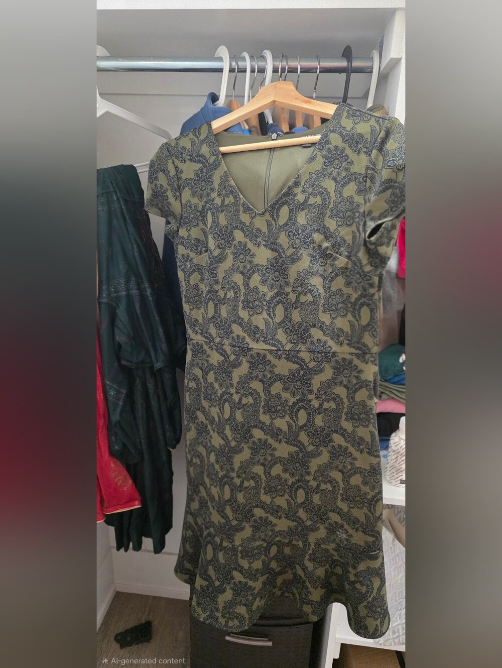 Banana Republic Olive Green Floral-Print V-Neck Dress